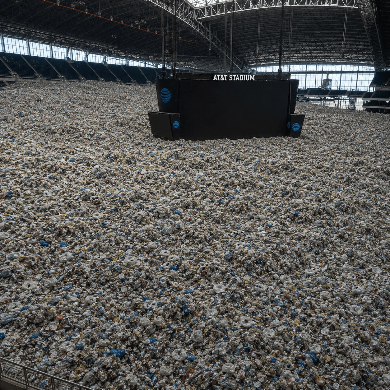 The interior of AT&T Stadium completely filled with recovered plastic, visualizing the scale of plastic waste entering U.S. landfills each year.